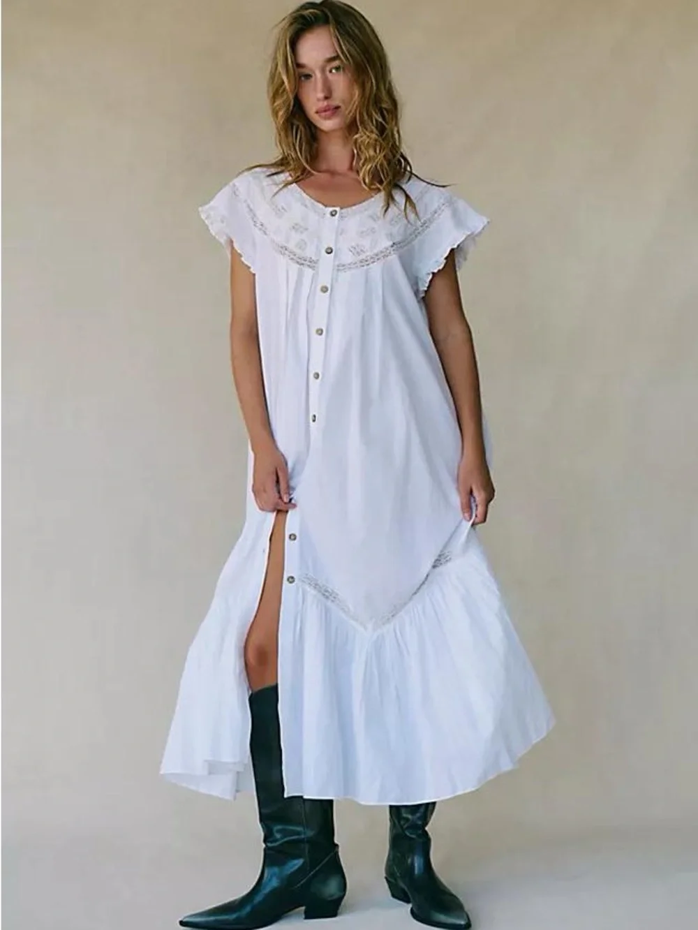 Free People Free-est - Aster Midi White Lace Cotton Dress Sz Large